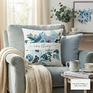 Teal and blue watercolor floral personalised cushion