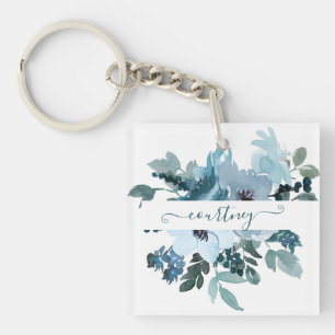 Teal and blue watercolor floral personalised key ring