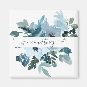 Teal and blue watercolor floral personalised  magnet
