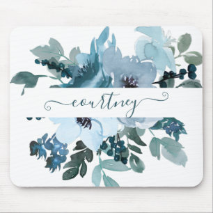 Teal and blue watercolor floral personalised mouse mat