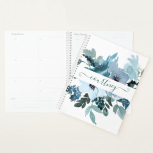 Teal and blue watercolor floral personalised  planner