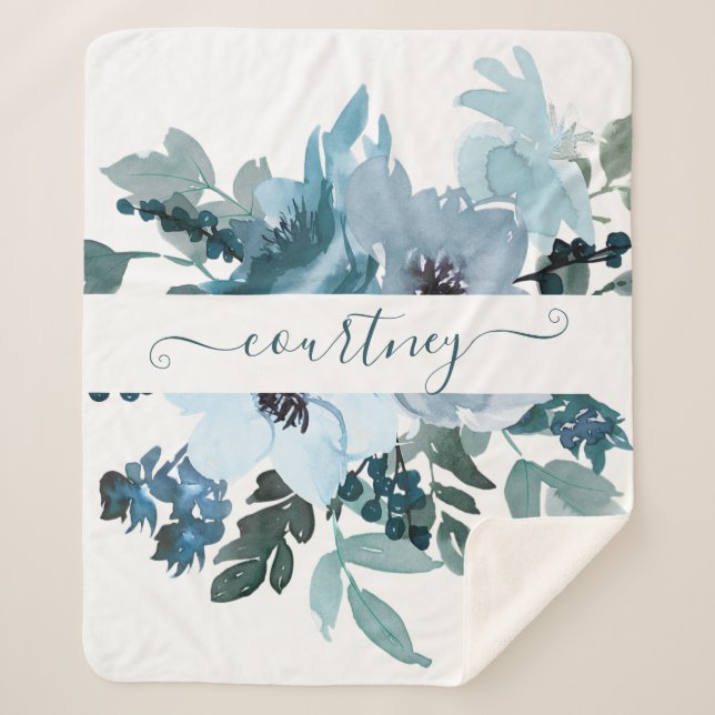 Teal and blue watercolor floral personalised  sherpa blanket (Front)
