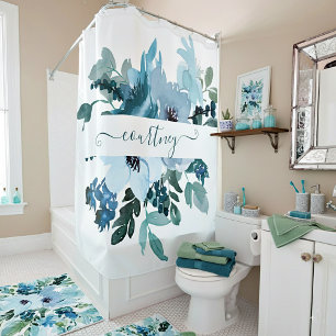 Teal and blue watercolor floral personalised shower curtain