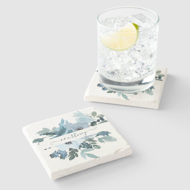 Teal and blue watercolor floral personalised   stone coaster (Side)