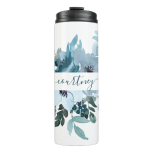 Teal and blue watercolor floral personalised   thermal tumbler