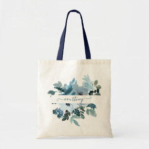 Teal and blue watercolor floral personalised tot tote bag