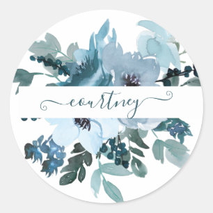 Teal and blue watercolor floral personalized classic round sticker