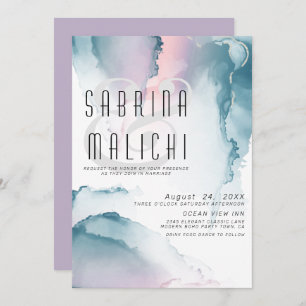 Teal and Blush Rose Modern Fluid Ink Invitation