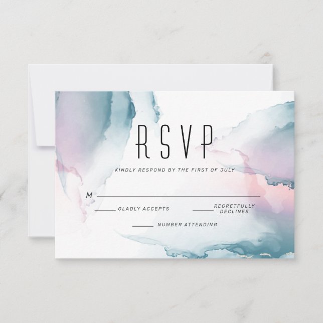 Teal and Blush Rose Modern Fluid Ink RSVP Card (Front)