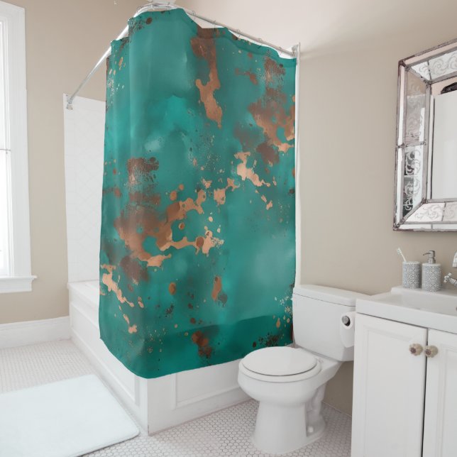 Teal and Bronze Shower Curtain (In Situ)