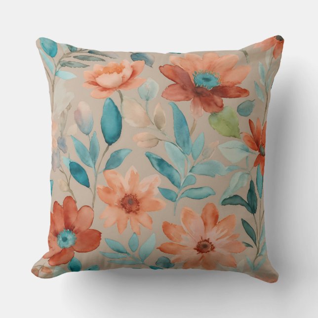 Teal and Bronze Wildflower floral Cushion (Front)