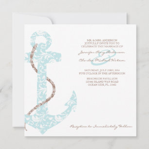 Teal and Brown Anchor Beach Wedding Invitation