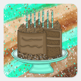 Teal and Brown Chocolate Cake Birthday Square Sticker