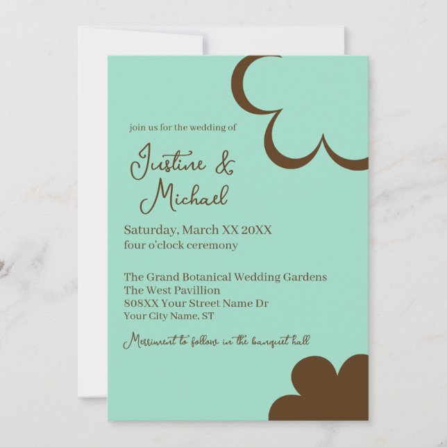 Teal and Brown Retro Flowers Wedding Invitation (Front)