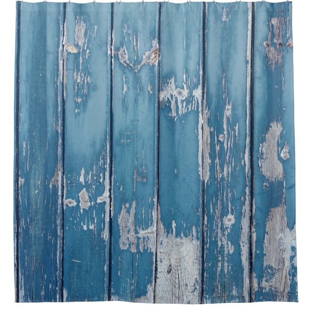 Teal and brown wooden board shower curtain (Front)