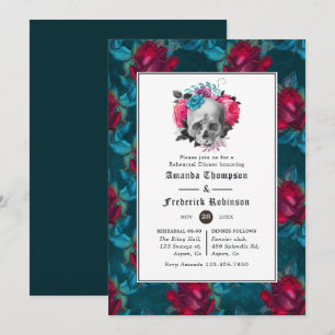 Teal and Burgundy Floral Gothic Rehearsal Dinner Invitation