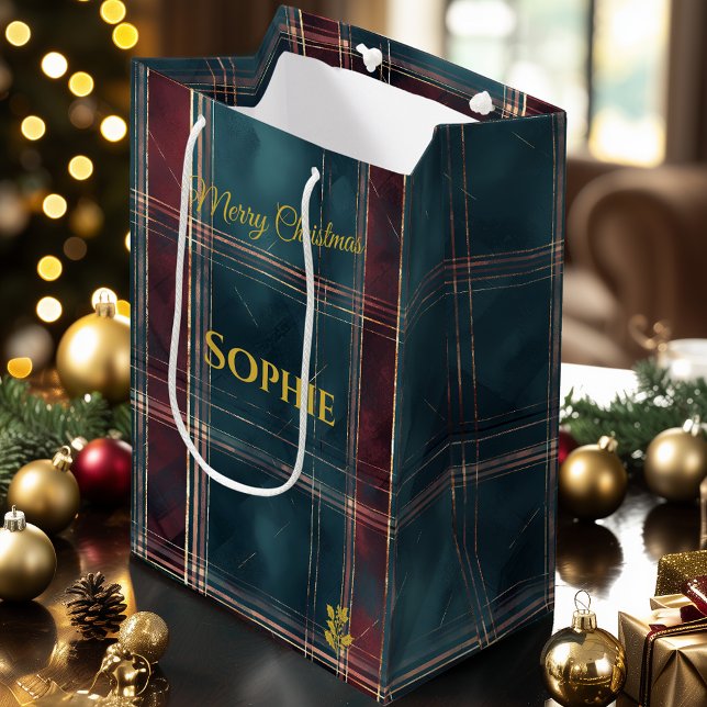 Teal and Burgundy Plaid Christmas Holiday Custom Medium Gift Bag (Creator Uploaded)