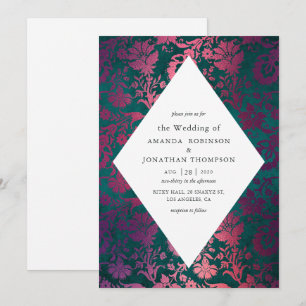 Teal and Burgundy Vintage Glam Faux Foil Wedding Invitation