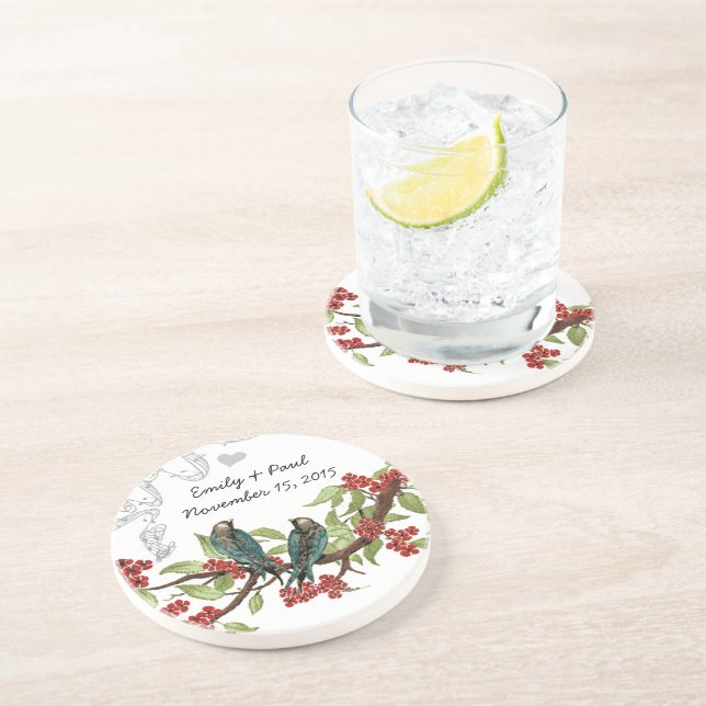 Teal and Burgundy Vintage Love Birds Coasters (Side)