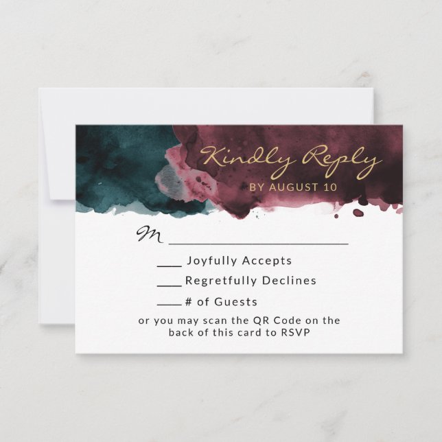 Teal and Burgundy Watercolor QR Code RSVP Card (Front)