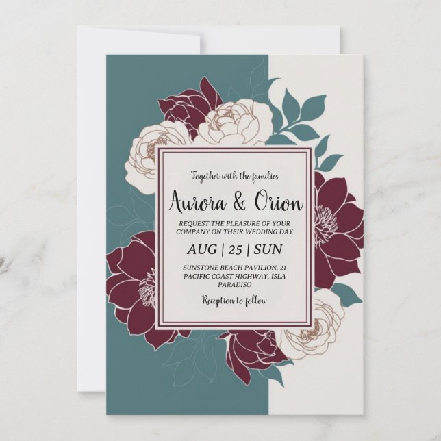 teal and burgundy wedding invitations (Front)