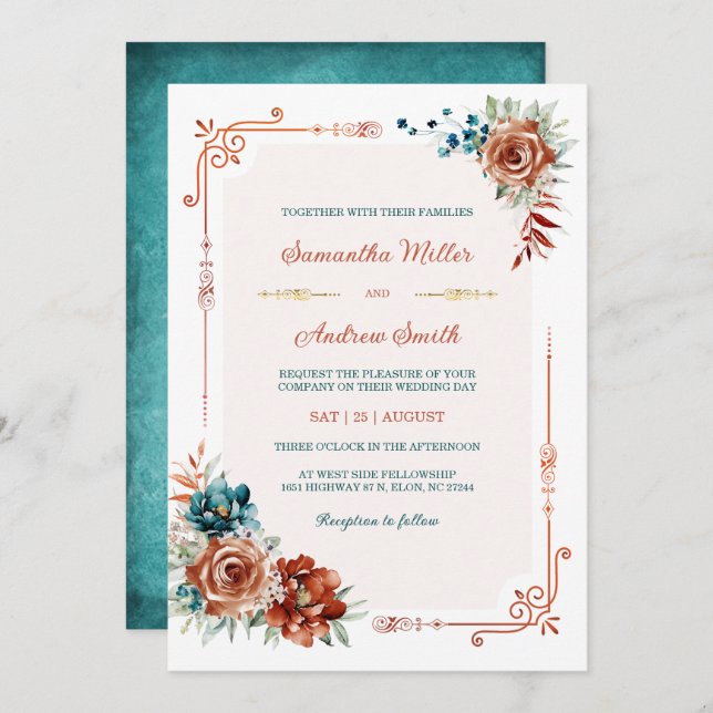 Teal and Burnt Orange Gold Wedding Template (Front/Back)