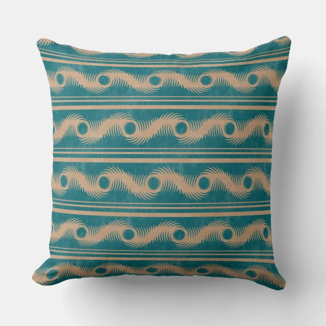 Teal and Caramel Spiral Geometric Striped Pattern Cushion (Front)