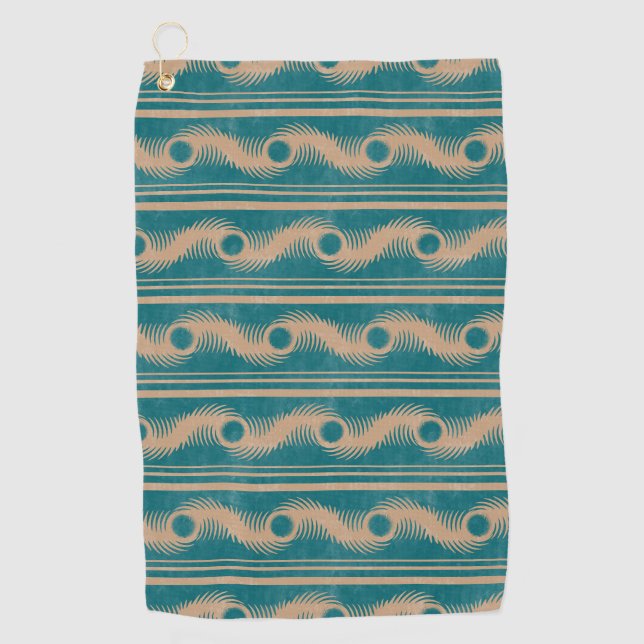 Teal and Caramel Spiral Geometric Striped Pattern Golf Towel (Front)