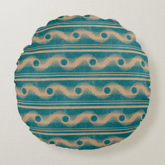 Teal and Caramel Spiral Geometric Striped Pattern Round Cushion