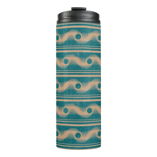 Teal and Caramel Spiral Geometric Striped Pattern Thermal Tumbler (Front)