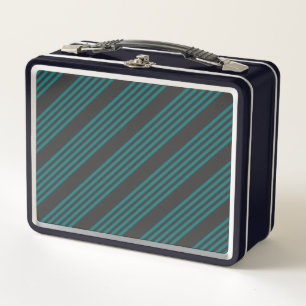 Teal and charcoal five stripe pattern metal lunch box
