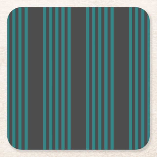 Teal and charcoal five stripe pattern square paper coaster (Front)