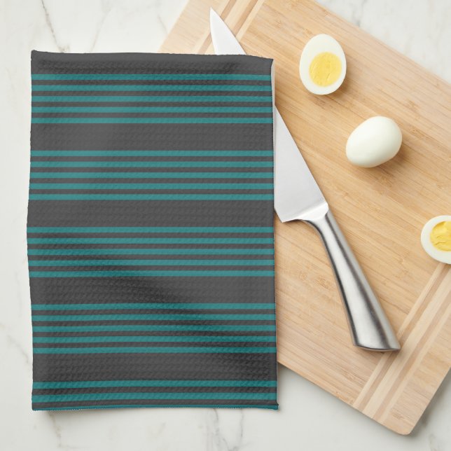Teal and charcoal five stripe pattern tea towel (Quarter Fold)