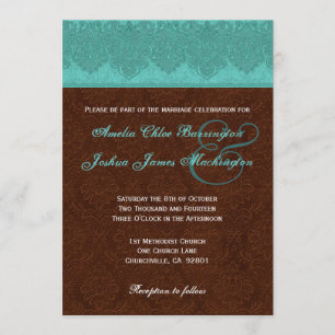 Teal and Chocolate Damask Monogram Wedding V15D Invitation