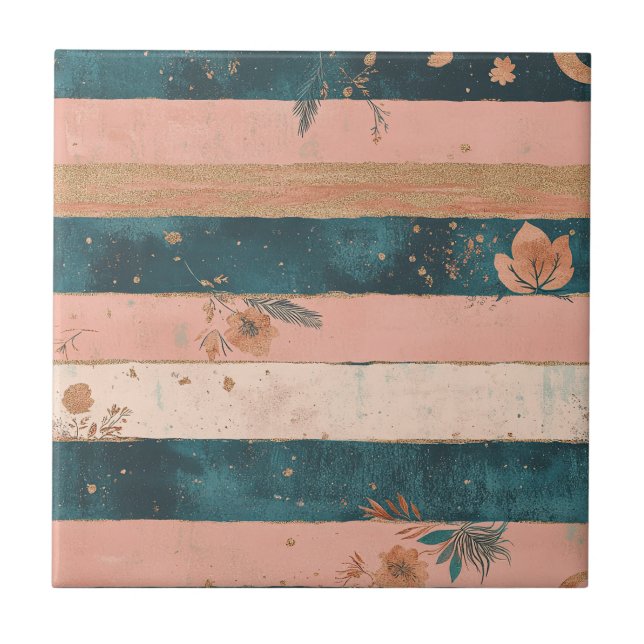 Teal and Clay Celestial Stripe with Tribal Details Tile (Front)