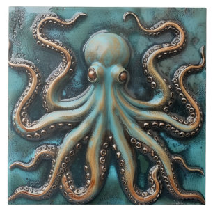 Teal and Copper 3D Effect Octopus Aquatic Tile