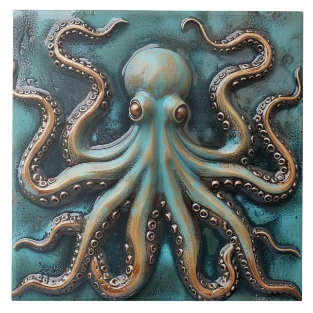 Teal and Copper 3D Effect Octopus Aquatic Tile (Front)