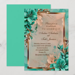 Teal and copper flower wedding invitation