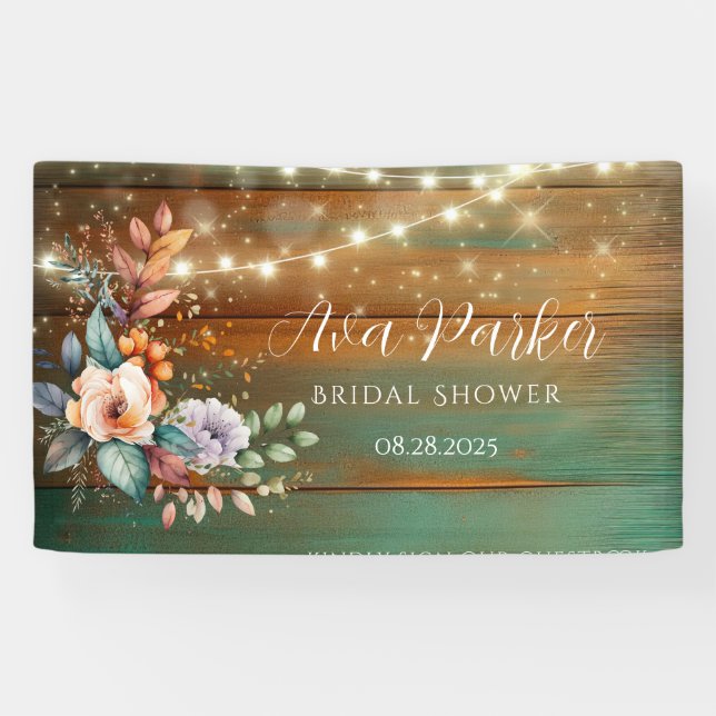 Teal and Copper Wood Floral Lights Bridal Shower Banner (Horizontal)