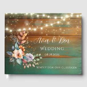 Teal and Copper Wood Floral Lights Wedding Guest Book