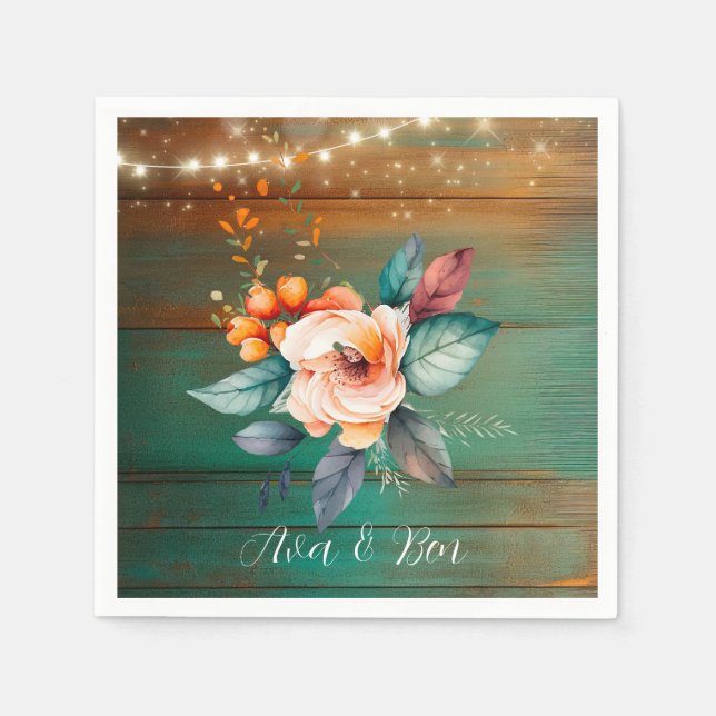 Teal and Copper Wood Floral Lights Wedding Napkin (Front)