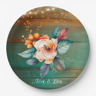 Teal and Copper Wood Floral Lights Wedding Paper Plate