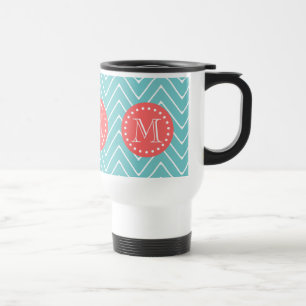 Teal and Coral Chevron with Custom Monogram Travel Mug