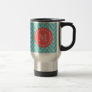 Teal and Coral Chevron with Custom Monogram Travel Mug