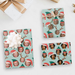 Teal and Coral Christmas Crew Three Photo Custom Wrapping Paper Sheet