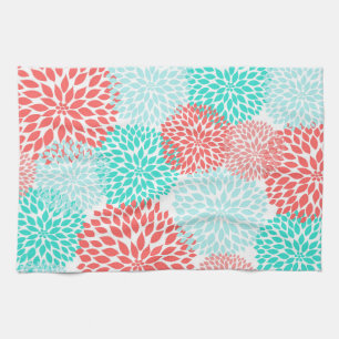 Teal and Coral Floral Kitchen Tea Towel