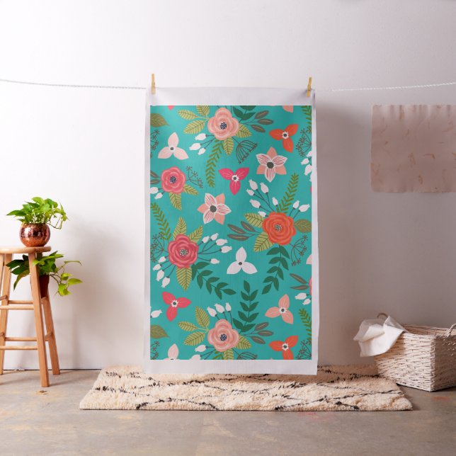 Teal and Coral Floral Pattern Fabric (In Situ)