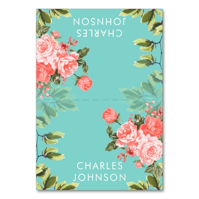 Teal and Coral Flower Wedding | Place Cards (Front)