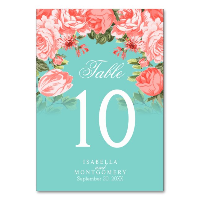 Teal and Coral Flowers | Table Cards (Back)
