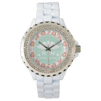 TEAL AND CORAL LEOPARD PRINT NURSE RN WATCH